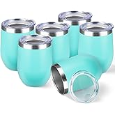 StarSpeed 12oz/6 Pack Wine Tumbler with lid, Stainless Steel Travel Mugs Stemless Double Wall Insulated Coffee Cup, Insulated Wine Glasses Travel Tumbler for Cold & Hot Drinks(Light Green, 6)