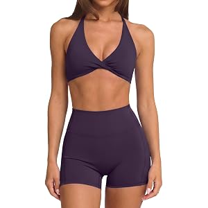 SUUKSESS Women 2 Piece Workout Sets Twist V Neck Sports Bra Yoga Gym Biker Short