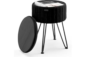 STORAGEBUD Round Ottoman with Storage, Pleated Velvet Storage Ottoman, Foot Stool Ottoman, Makeup Vanity Stool, Small Ottoman Foot Rest, Modern Ottomans for Living Room and Bedroom, Black