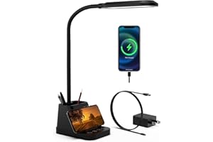 AXX LED Desk Lamp with USB Charging Port, Study Table Light for Home Office Bedrooms, Black, Flexible Gooseneck, Small, 650LM, Pen Holder, Timer Settings, School Essentials for College Dorm Room