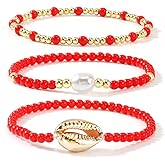Opalencian Red Beads Pearl Stackable Elastic Bracelets set for Women,Dainty Gold Beaded 3PCS Bracelet Beach Gifts Friendship