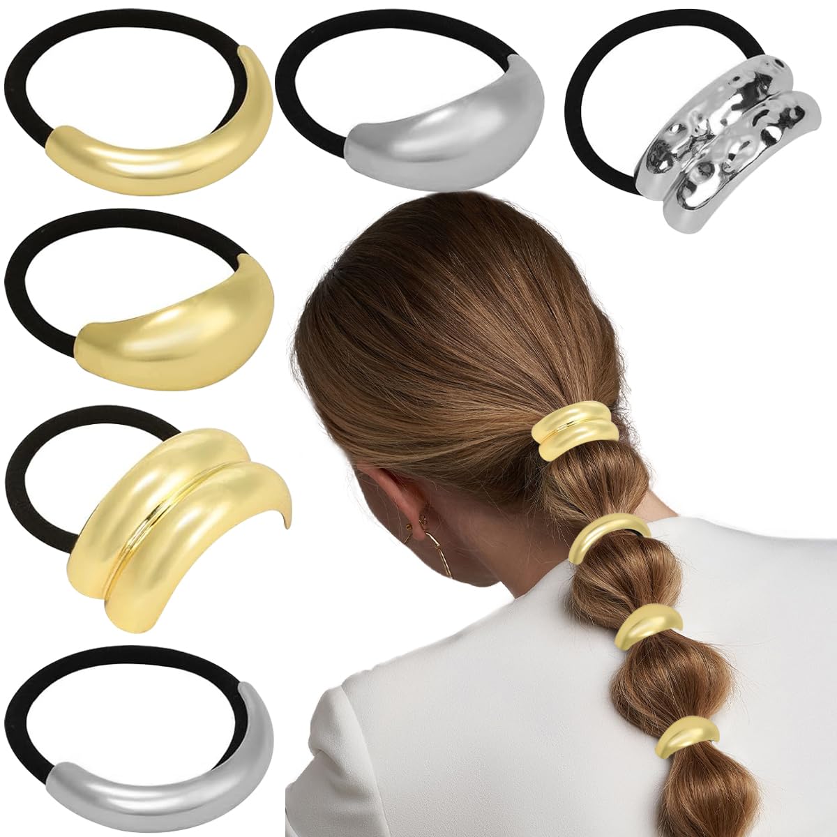 6 PCS Metal Hair Ties Ponytail Holders Hair Ties Geometric Elastic Shaped Hair Ties Gold Hair Rope Arch Hair Cuff Punk Hair Bands Gold Ponytail Cuff Ellipse Wrap Decorative Accessories for Women Girls