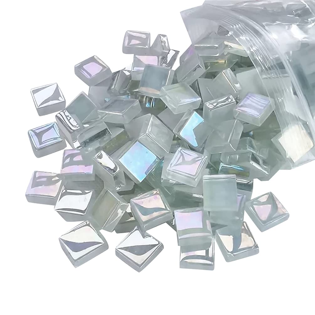 Mosaic Tiles Square Iridescent Crystal Mosaic Glass Tile for Crafts, Mosaic Pieces DIY Picture Frames Handmade Jewelry Art Decoration Gifts,100 Pieces (White)