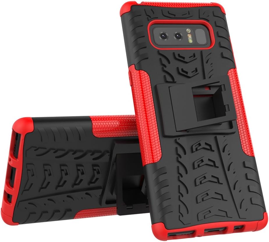 Samsung Galaxy NOTE 8 Two-Piece Tyre Tread Style Shock Proof Defender Tough Case with Back Stand (Red Shockproof)