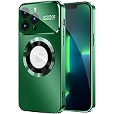 MAKAVO Magnetic for iPhone 13 Pro Max Case, Compatible with MagSafe, Built-in Camera Lens Protector, Logo View, Military Grade Drop Proof Phone Case Cover, Dark Green