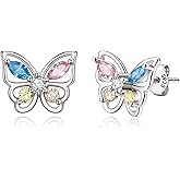 Butterfly Earrings for Women, 925 Sterling Silver Multicolored CZ Hypoallergenic Butterflies Huggie Hoop Stud Earring Birthday Jewelry Gifts for Daughter Granddaughter