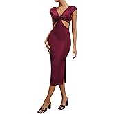 SOLY HUX Women's Cut Out Twist Front Dress Elegant Deep V Neck Bodycon Split Midi Evening Party Dresses