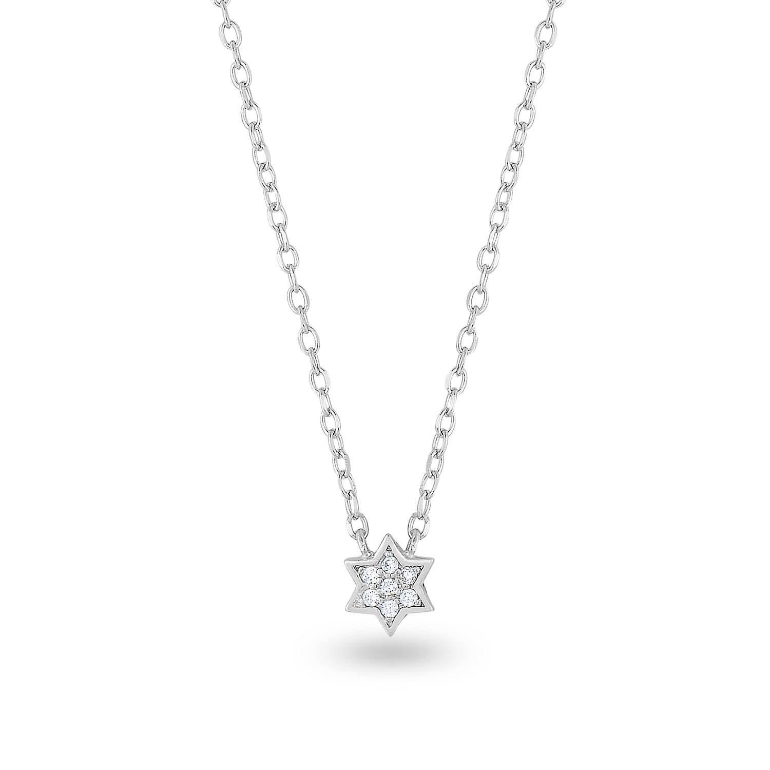 Rhodium-Plated Sterling Silver Cubic Zirconia Pave Mini 6 Point Star of David Chain Necklace, 18\