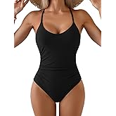 Eomenie One Piece Swimsuit for Women Tummy Control Ruched Bathing Suit Cut Out Back Metal Accents Swimwear