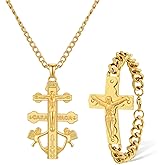 HNPHQT Caravaca Cross Necklace and Bracelet Set for Women Men 18K Gold Plated Cruz de Caravaca Jesus Crucifix Pendant Necklace Religion Jewelry Gift