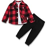 bilison 3Pcs Toddler Baby Boy Outfits Plaid Flannel Shirt+T Shirts+Pants For 12M-5T Boys Clothtes