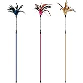 TTcat 3 Pack 22.8" Extra Long Cat Feather Wand Toys, Colorful Interactive Cat Teaser Wands with Flexible Bendable Wire, Natural Feather &amp; Crinkle Paper, Play Toy for Indoor Kittens and Cats.