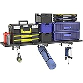 Garage Wall Shelving, 46'' x 12.6'' Garage Shelf Wall Mounted, Heavy Duty Storage Shelves 180 LBS Capacity, Floating Storage Rack with 4 Hooks, Black Metal Shelf Organizer for Basement, Workshop