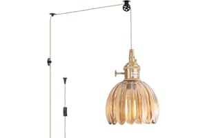 Shenmoyl Mini Plug in Pendant Light Hanging Light Fixture Corded On/Off Switch Brass Pendant Light with Amber Tulip Glass Lampshade for Bedroom Living Room Kitchen Island