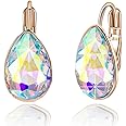 Teardrop Austrian Crystal Leverback Drop Earrings for Women 14K Rose Gold Plated Hypoallergenic Jewelry
