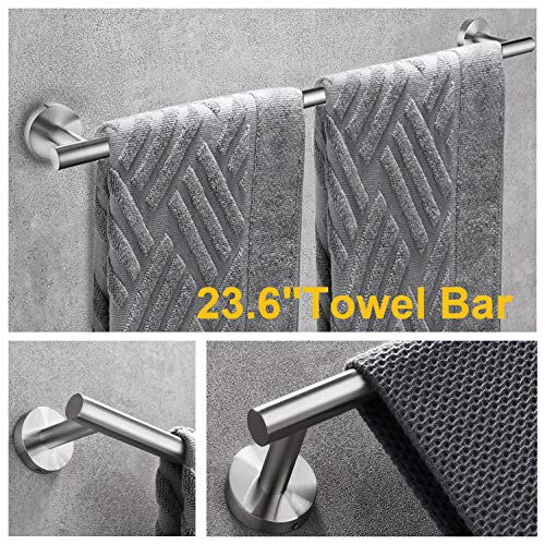Nolimas 4-Pieces Set Brushed Nickel Bathroom Hardware Set SUS304 Stainless Steel Round Wall Mounted - Includes 23.6"&13.5" Towel Bar,Toilet Paper Holder, Robe Towel Hooks,Bathroom Accessories Kit