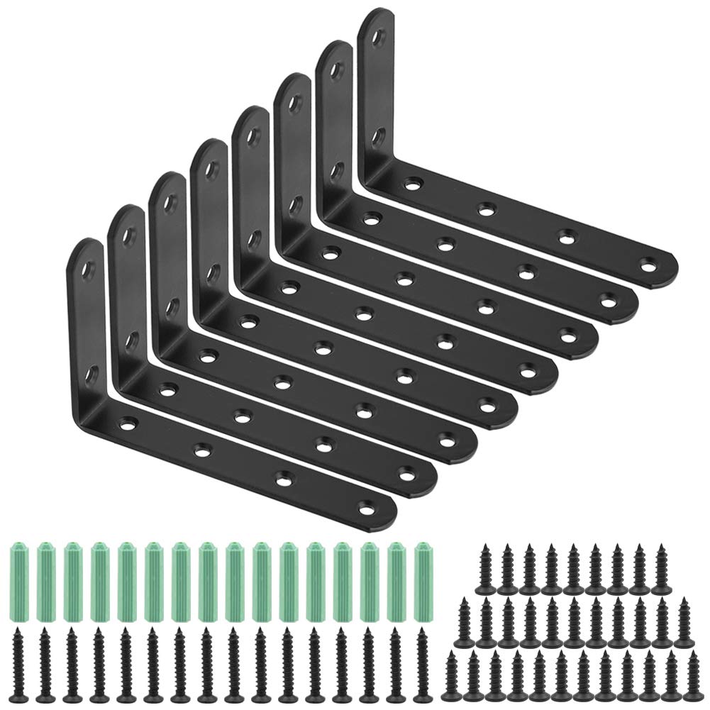 8Pcs Shelf Brackets,Heavy Duty Stain Steel Black Right Angle Bracket L Shape Right Corner Brace Support Wall Hanging 125x75x2mm with 48 Pcs Screws and 16 Pcs Anchors