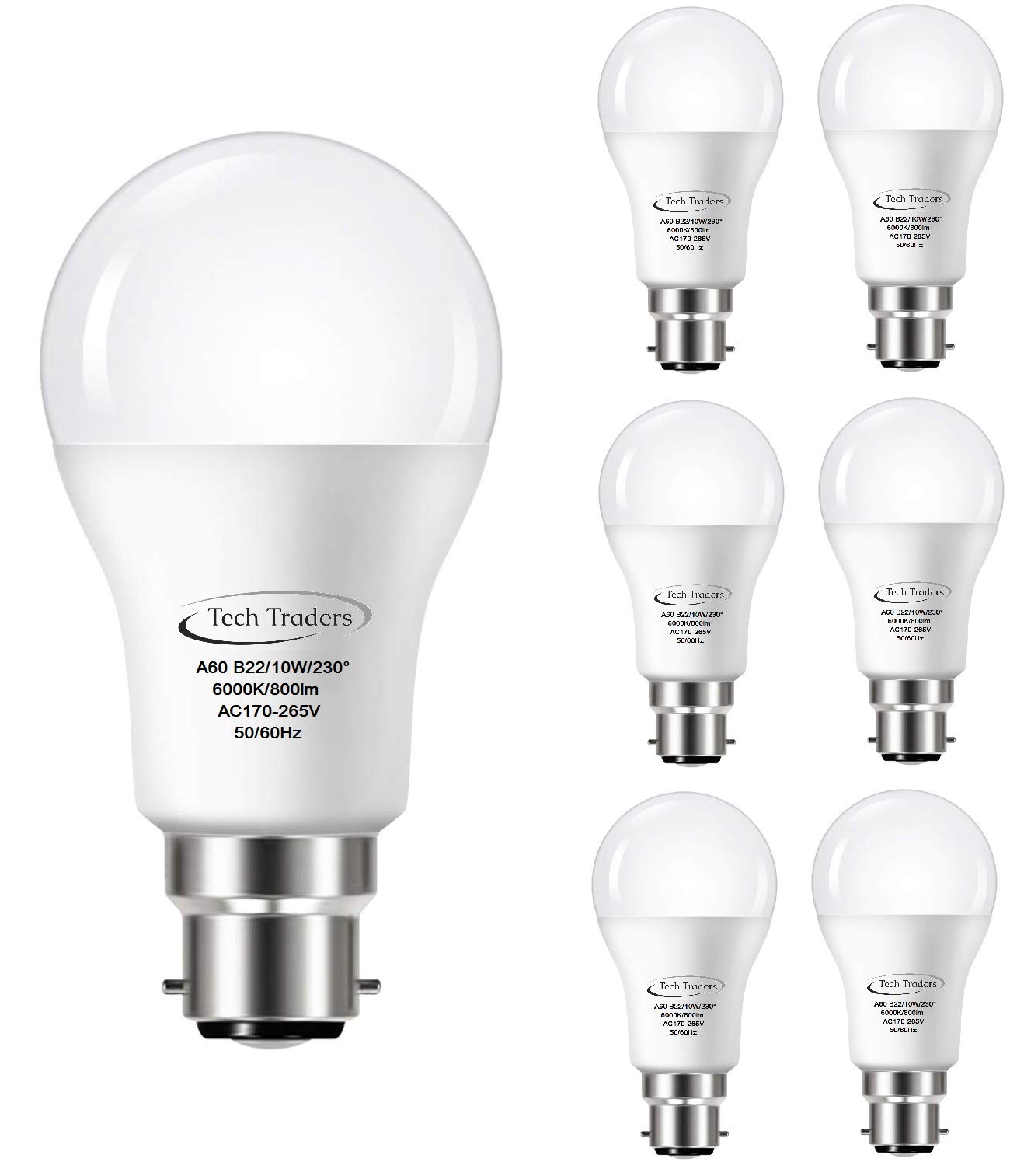Tech Traders (5 Pack) A60 B22 LED Light Bulb, Bayonet 10W A60 6000K Daylight/Cool White, Equivalent to 100W, Ultra Bright 800Lm Non-Dimmable (Cool White 6000K)