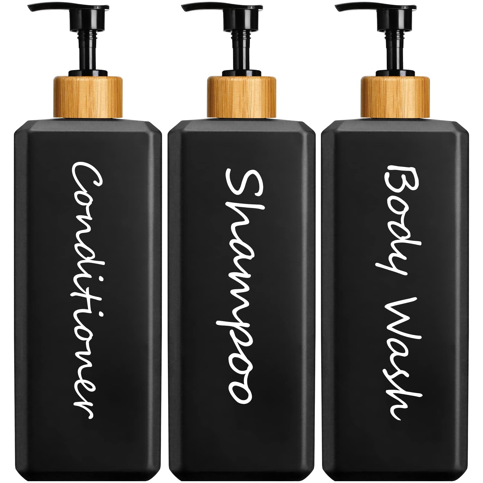 GMISUN Shampoo and Conditioner Dispenser, Refillable Black Refillable Shampoo and Conditioner Bottles with Bamboo Pump, Modern Bathroom Shower Bottles Set for Shampoo Conditioner Body Wash, 3 Pack — image 1