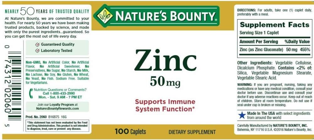 Nature's Bounty Zinc 50 mg Caplets 100 ea (Pack of 3): Health & Personal Care