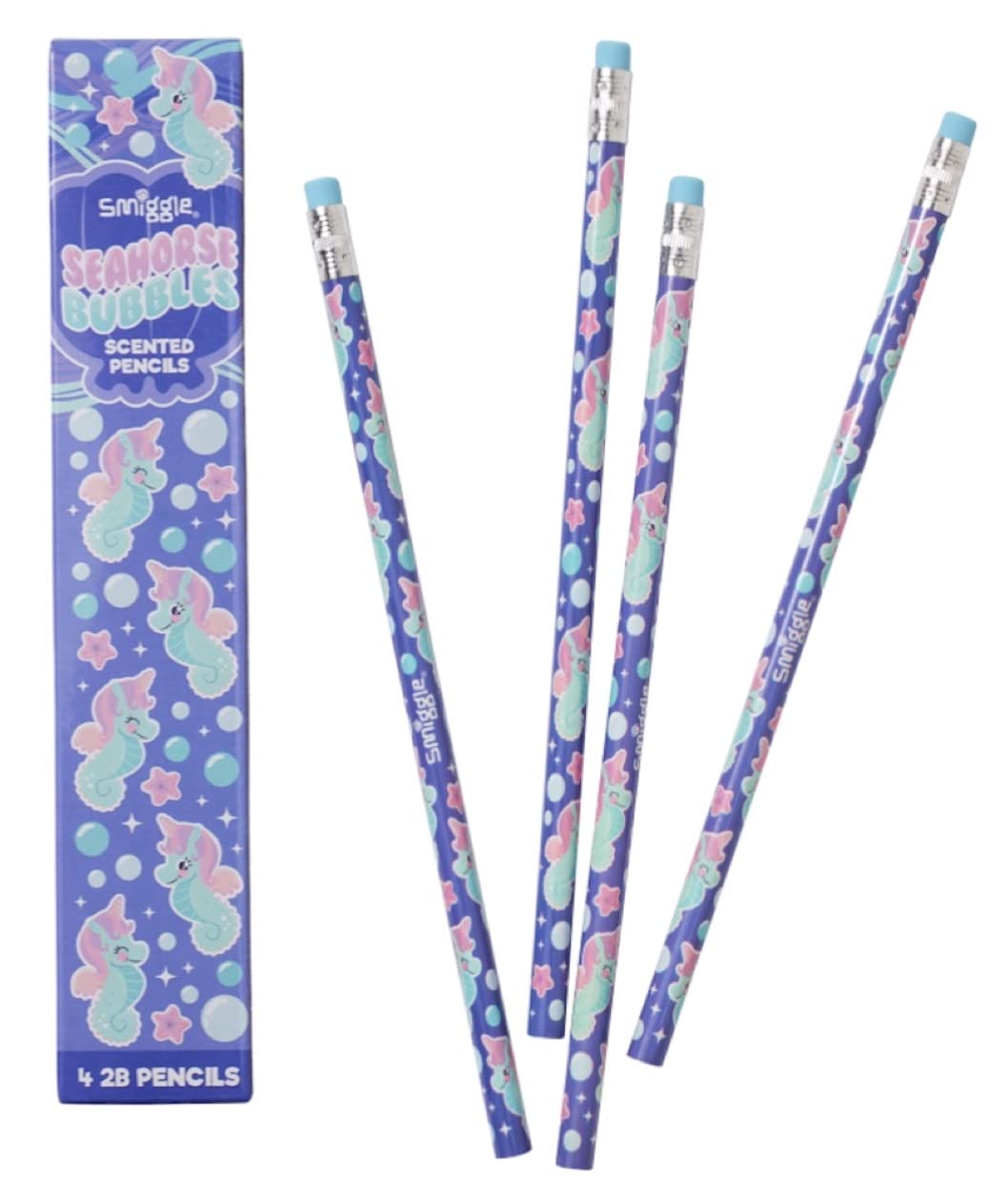 Smiggle Pencils x 4 Pack Scented Wooden With Eraser Top (Purple Seahorse Bubbles)