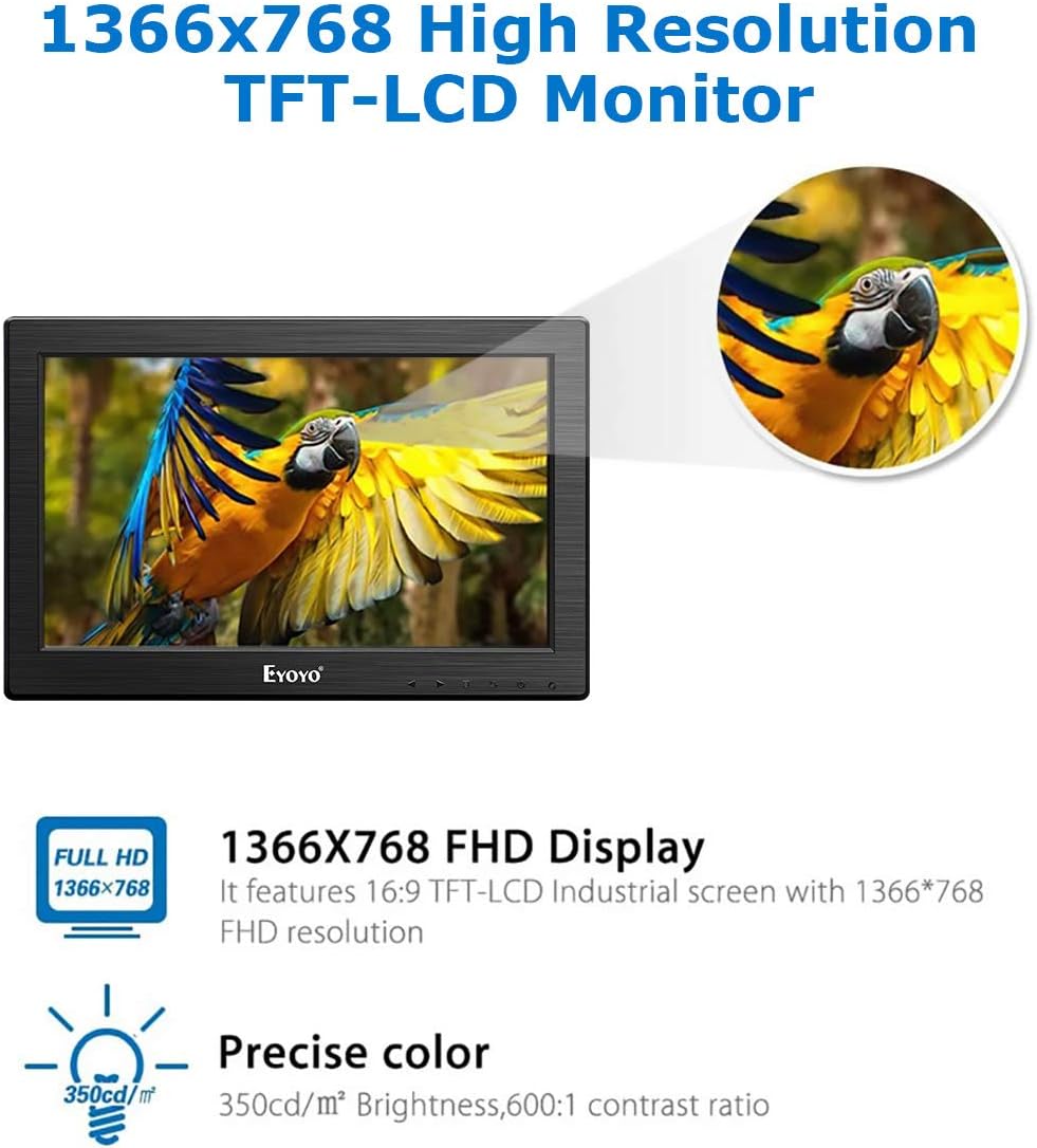 Eyoyo 12" Inch TFT LCD Monitor with AV HDMI BNC VGA Input 1366x768 Portable Mini HD Color Screen Display with Built-in Speaker - Image 3