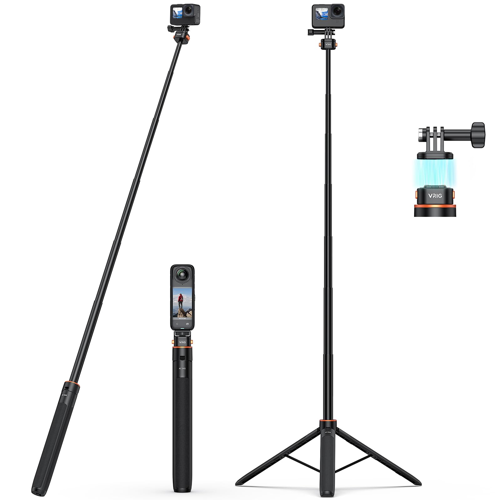 VRIG 63" Magnetic Selfie Stick Tripod for Go Pro, Quick Release Extendable Tripod Stand for for DJI OSMO Action 5Pro/4/3, Insta 360 X5/X4,Go Pro Hero 13 12 11 10 9, Fusion, Max, Session, SJCAM