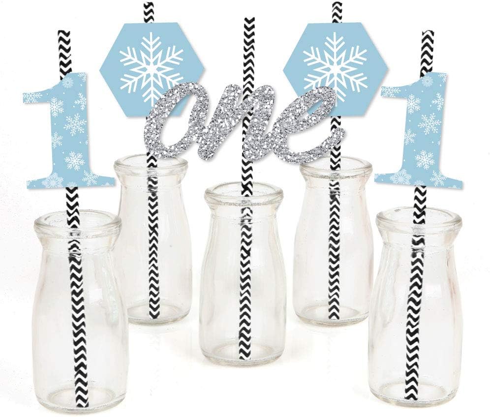 Big Dot of Happiness Onederland - Paper Straw Decor - Holiday Snowflake Winter Wonderland Birthday Party Striped Decorative Straws - Set of 24