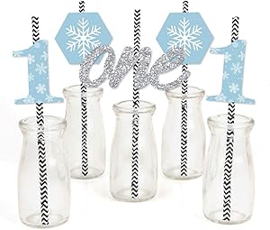 Big Dot of Happiness Onederland - Paper Straw Decor - Holiday Snowflake Winter Wonderland Birthday Party Striped Decorative Straws - Set of 24