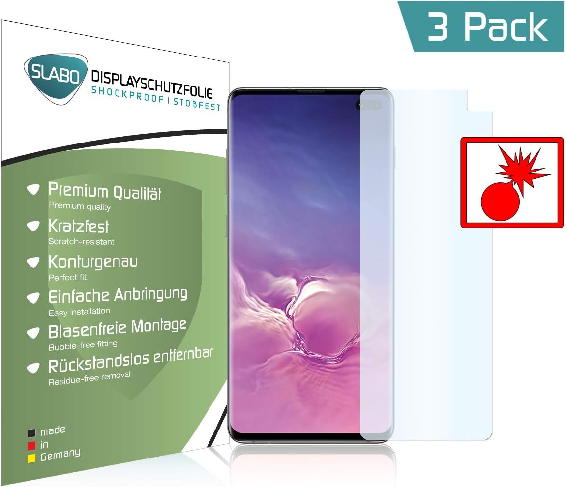 Slabo 3 x armor screen protector for Samsung Galaxy S10+ | S10 Plus screen protection works with Fingerprint On Display | protective film Shockproof CLEAR