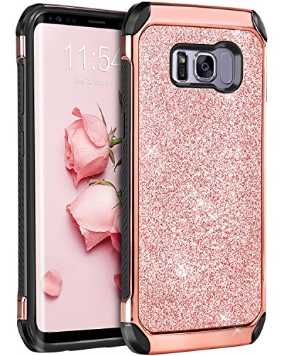 Galaxy S8 Case, Samsung Galaxy S8 Case, BENTOBEN Shockproof Glitter Sparkly Bling 2 in 1 Hybrid Hard PC Shiny Faux Leather Chrome Protective Case for Samsung Galaxy S8 2017 (5.8 Inch), Rose Gold