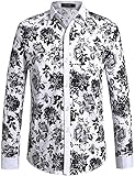 SSLR Men's Floral Button Down Casual Long Sleeve Shirt (Medium, White Black)