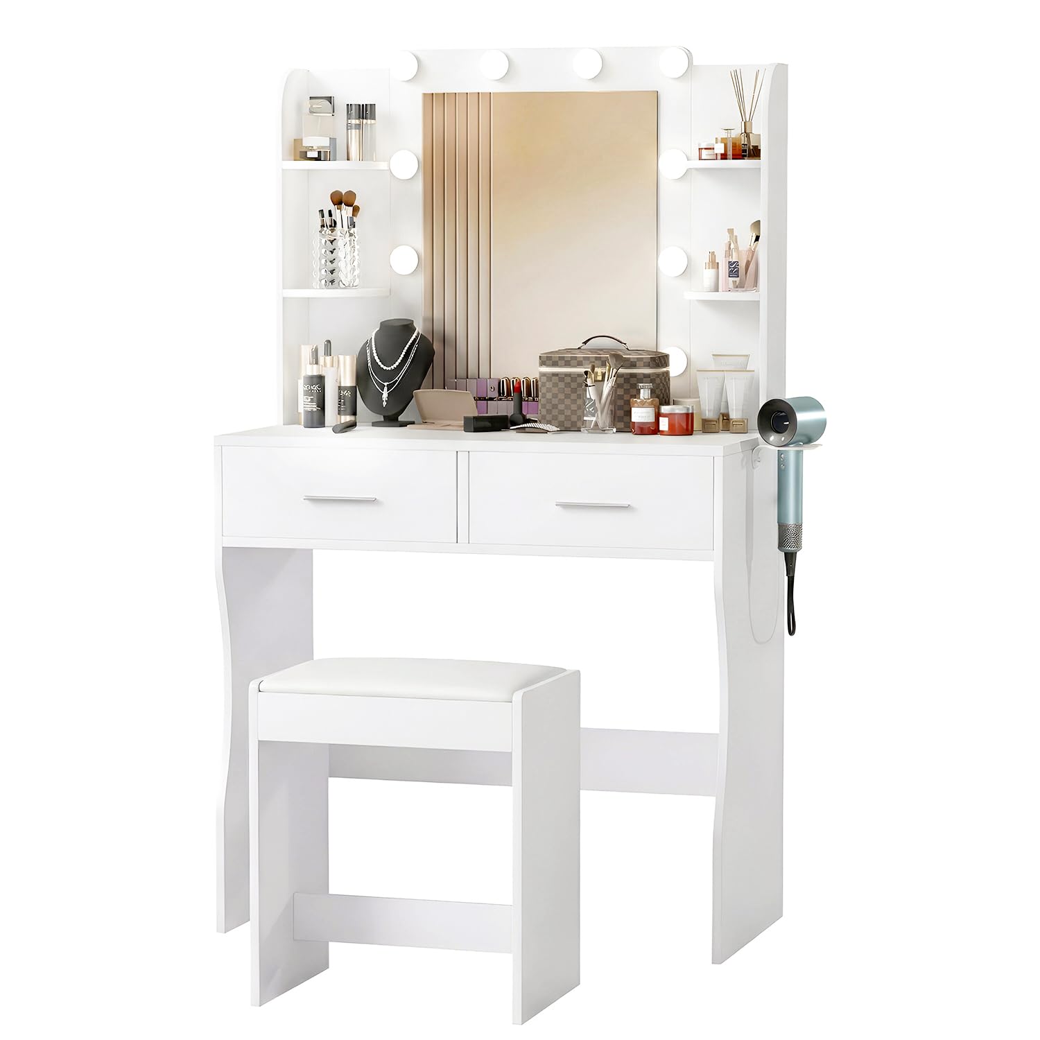 Photo 1 of ?FDW Vanity Desk with Mirror and Lights, 2-Drawer Makeup Vanity Desk with 3 Adjustable Light Colors, 6 Shelves and Power Outlets for Bedroom, White