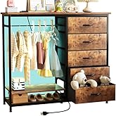 VERMESS 47" Tall 5 Fabric Drawers Dresser with Hanging Rack, Small Dresser for Bedroom, Storage Shelves with Charging Station