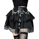 ZUNQKG Womens Mini Gothic Skirt Tie Waist Lace Up Double Layered Ruffles Y2k Skirt Set with Chain