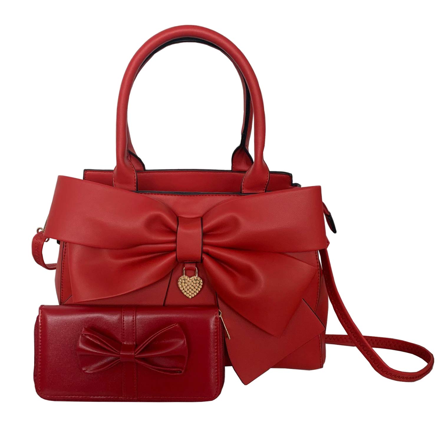 Women Handbag 2 Pcs Set Big Bow-Knot PU Leather Top Handle Bag Designer Tote Bag Clutch Wallet Set for Ladies (Red-1)