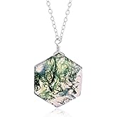 Natural Moss Agate Crystals Pendant Necklace, Hexagon Cabochon Gemstone, Energy Healing Crystals, Birthday, Gift for Her, Gemstone Jewelry 18 inch AAA+ Quality (Moss Agate A)