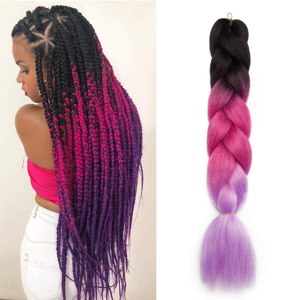 24"/60CM Crochet Hair Braiding Hair Extension Wavy Ombre Synthetic Crochet One Piece 100g Hair Braid - Black & Rose & Light Purple