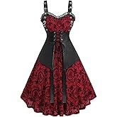 ROSE GAL Women Plus Size Gothic Lace-up PU Leather Patchwork Flocking Midi Dress Buckles Lace Trim Vintage Goth Midi Dress