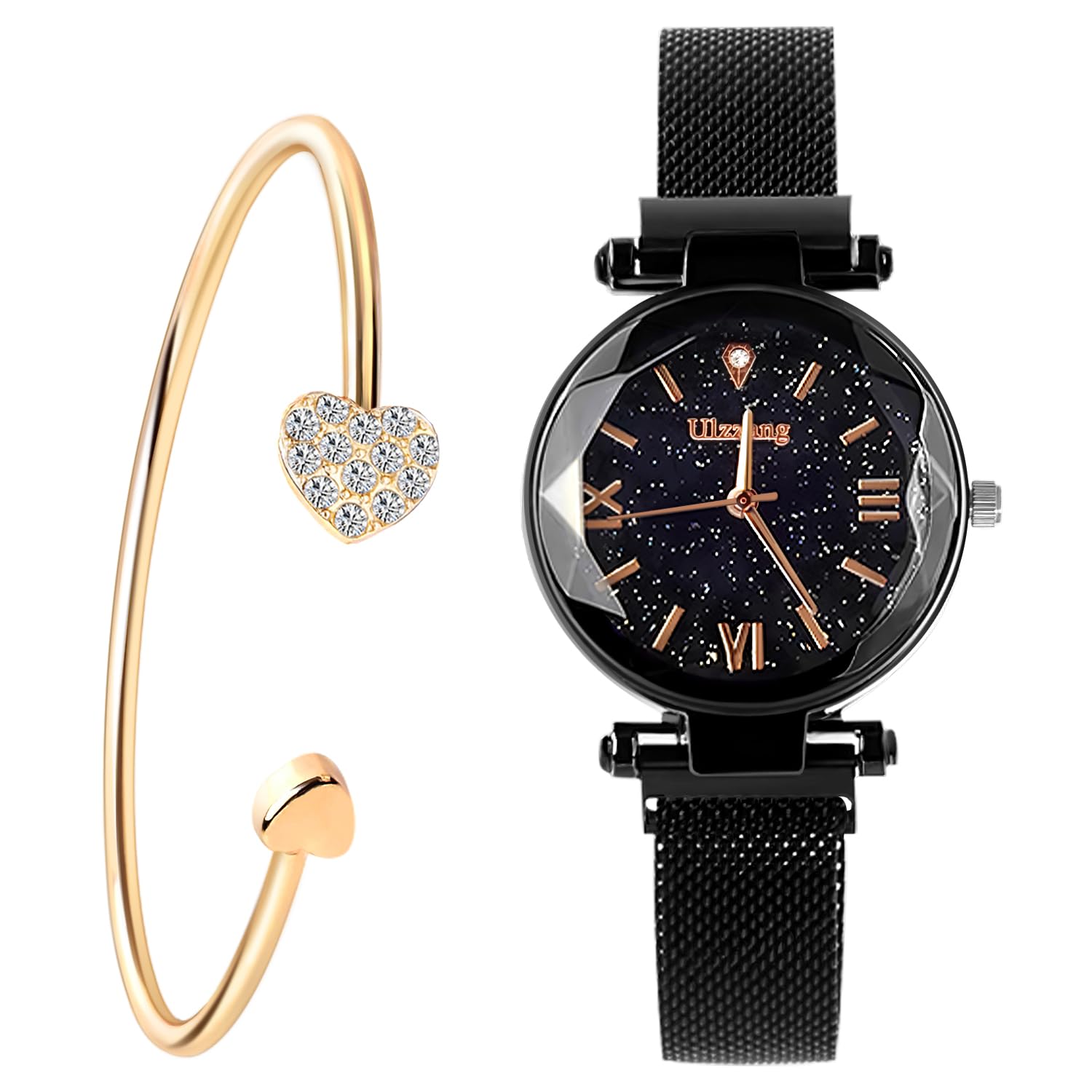 FUNGORGT Luxury Quartz Starry Sky Dial Ladies Wrist Watches,Magnetic Mesh Band Watch and Bracelet Set…, A-Black, Ladies Magnetic Wrist Watches