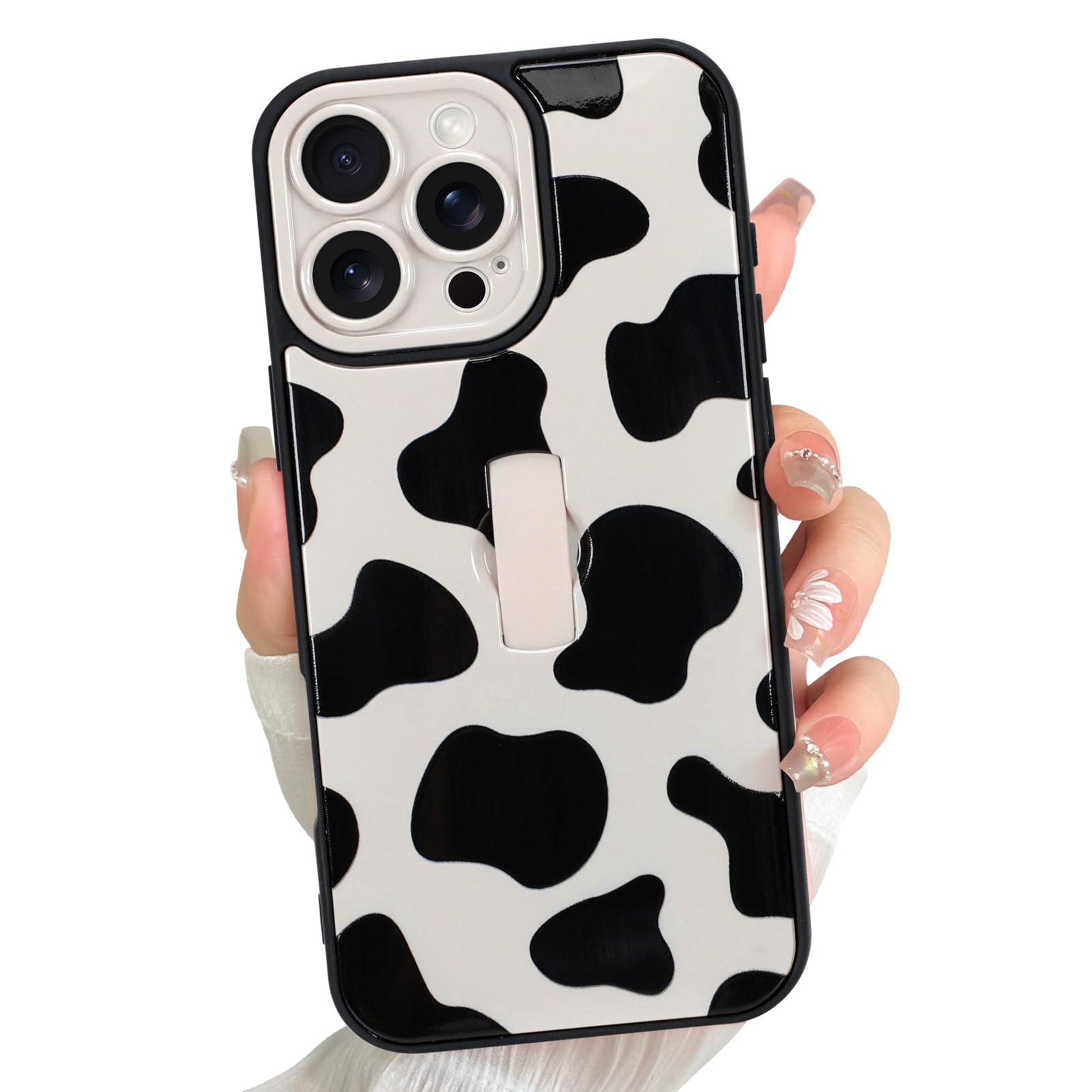 LEOMAKRON for iPhone 16 Pro Max Cow Pattern Phone Case, with Finger Hand Strap Kickstand Trendy Cool for Women Men, Full Camera Protection Shockproof Protective Cover (Black White)