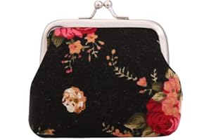 Women Canvas Coin Purse Cute Vintage Flower Print Fastener Wallets BlackDurability