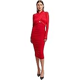 BARDOT Aliyah Dress for Women - Fire Red Midi Cocktail Party Dress, Halter Neck, Sheer Long Sleeve