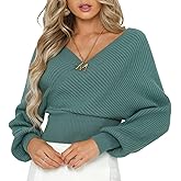 ZAFUL Womens V Neck Cropped Wrap Sweaters Drop Shoulder Lantern Sleeve Pullover Tops Winter Sexy Cross Ribbed Clothes