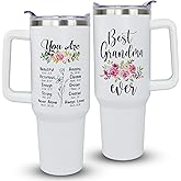 Heqianco Grandma Tumbler Best Grandma Gift Grandmother Mother's Day Gifts Birthday Gifts from Grandchildren for Gigi Nana Mimi -40oz Coffee Cup With Handle and Straw Stainless Steel Travel Mugs