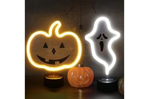 BRIGHTDECK 2 Pcs Ghost&Pumpkin Lights Halloween Neon Sign Night Lights, USB or Battery Operated Halloween Lights, Halloween Home Decor LED Lights for Bedroom Bar Home Kids Table Decor Gift