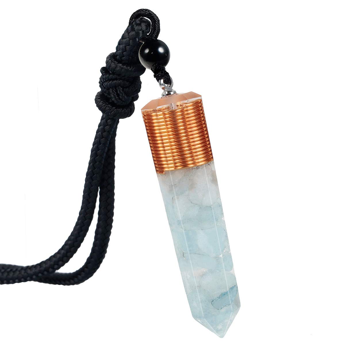 mookaitedecor Aquamarine Crystal Point Pendent Necklace for Women Men, Resin Healing Crystal Chip Necklace Blue Crystal Pendulum Necklace Hexagonal Semi Precious Stone Reiki Chakra Spiritual Gift