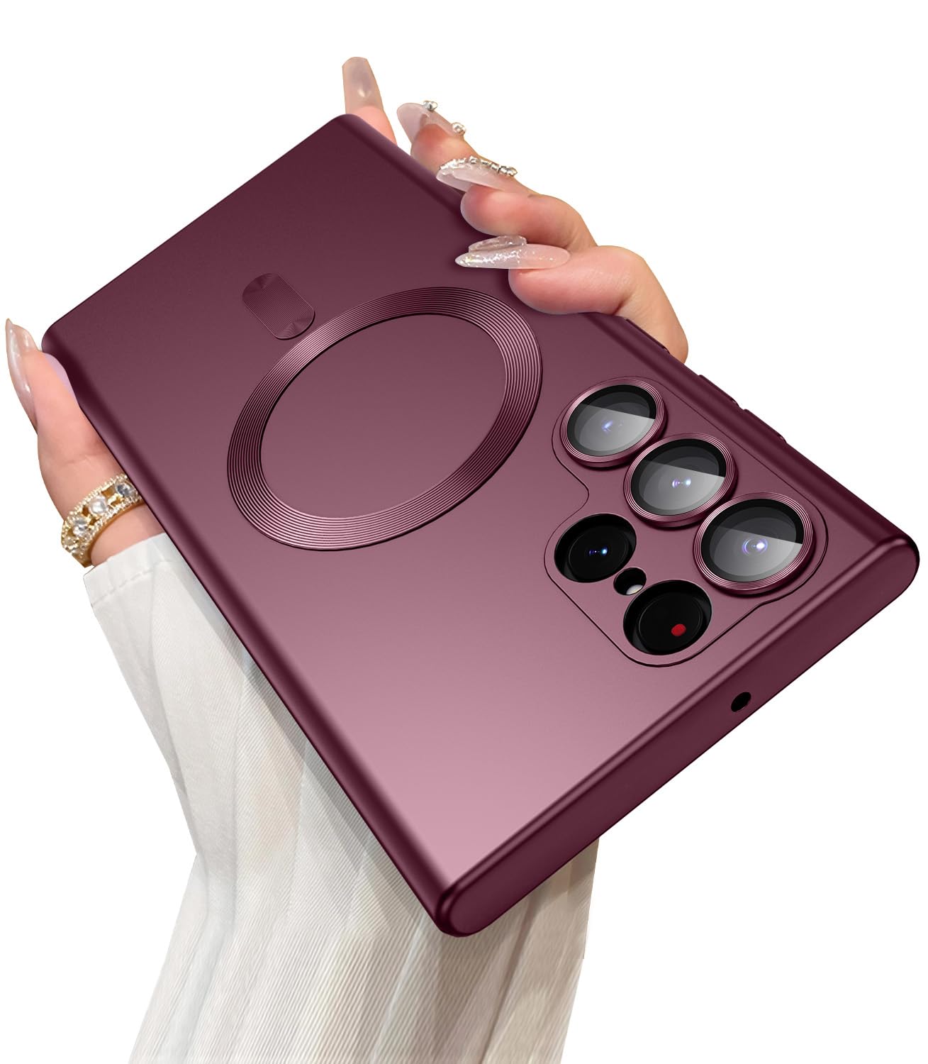 Photo 1 of LEKEVO Magnetic for Samsung Galaxy S22 Ultra Case [Compatible with MagSafe][Built-in Camera Lens Protector] Slim Soft Silicone Bumper Shockproof Metallic Luster Phone Case (Burgundy)