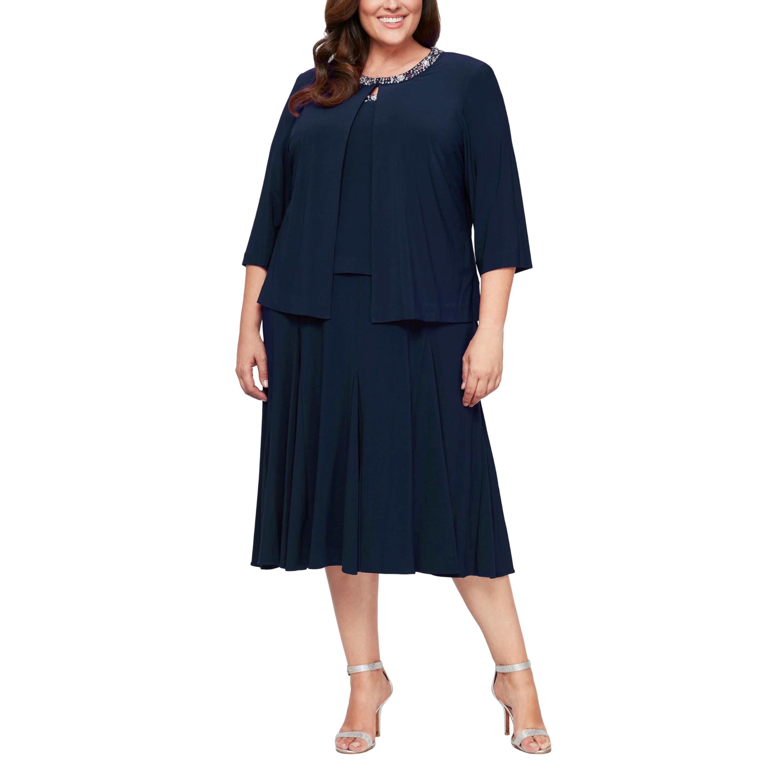 Alex Evenings Women’s 2 Piece Tea Length Jacket Dress with Sequin Beaded Trim, Navy, 14