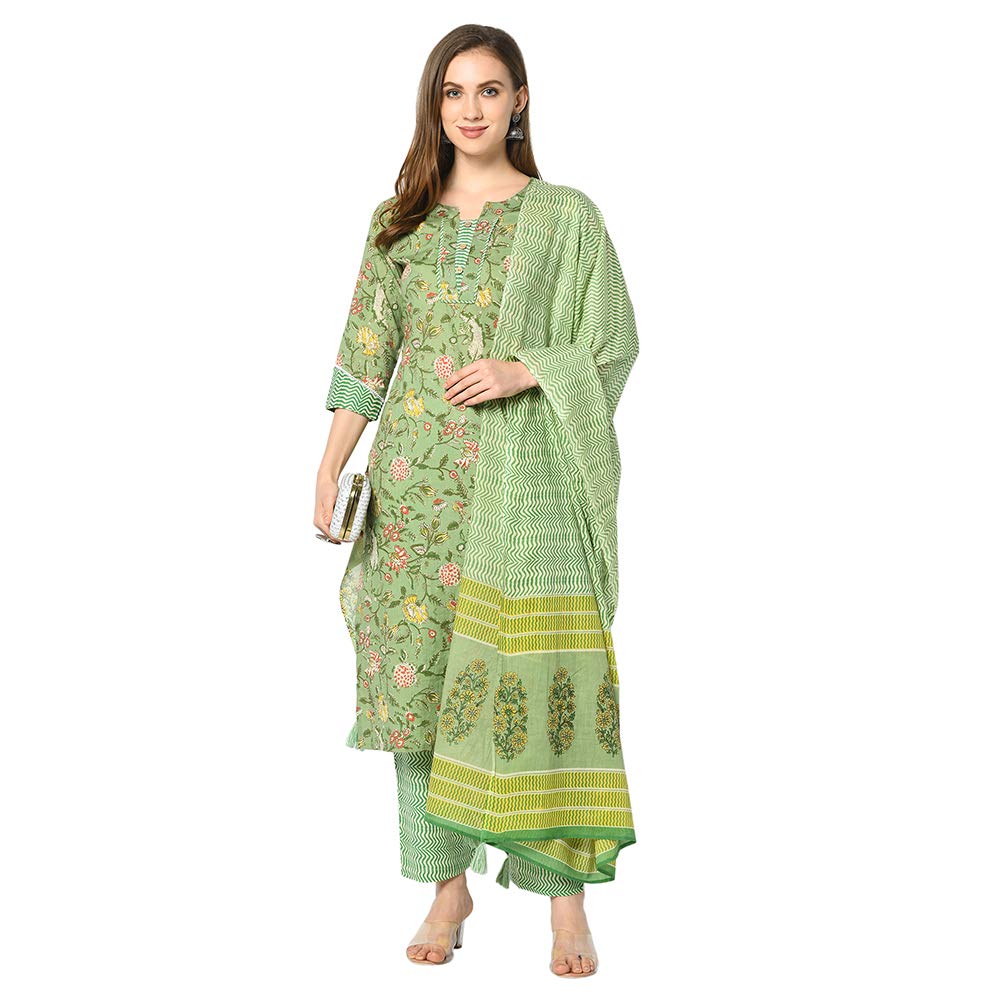 Buy Green floral printed straight and palazzo kurta set with dupatta at